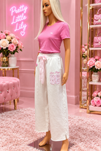 VS PINK Cream Wide Leg Sweatpants XS | Textured Appliqués & Satin Bow