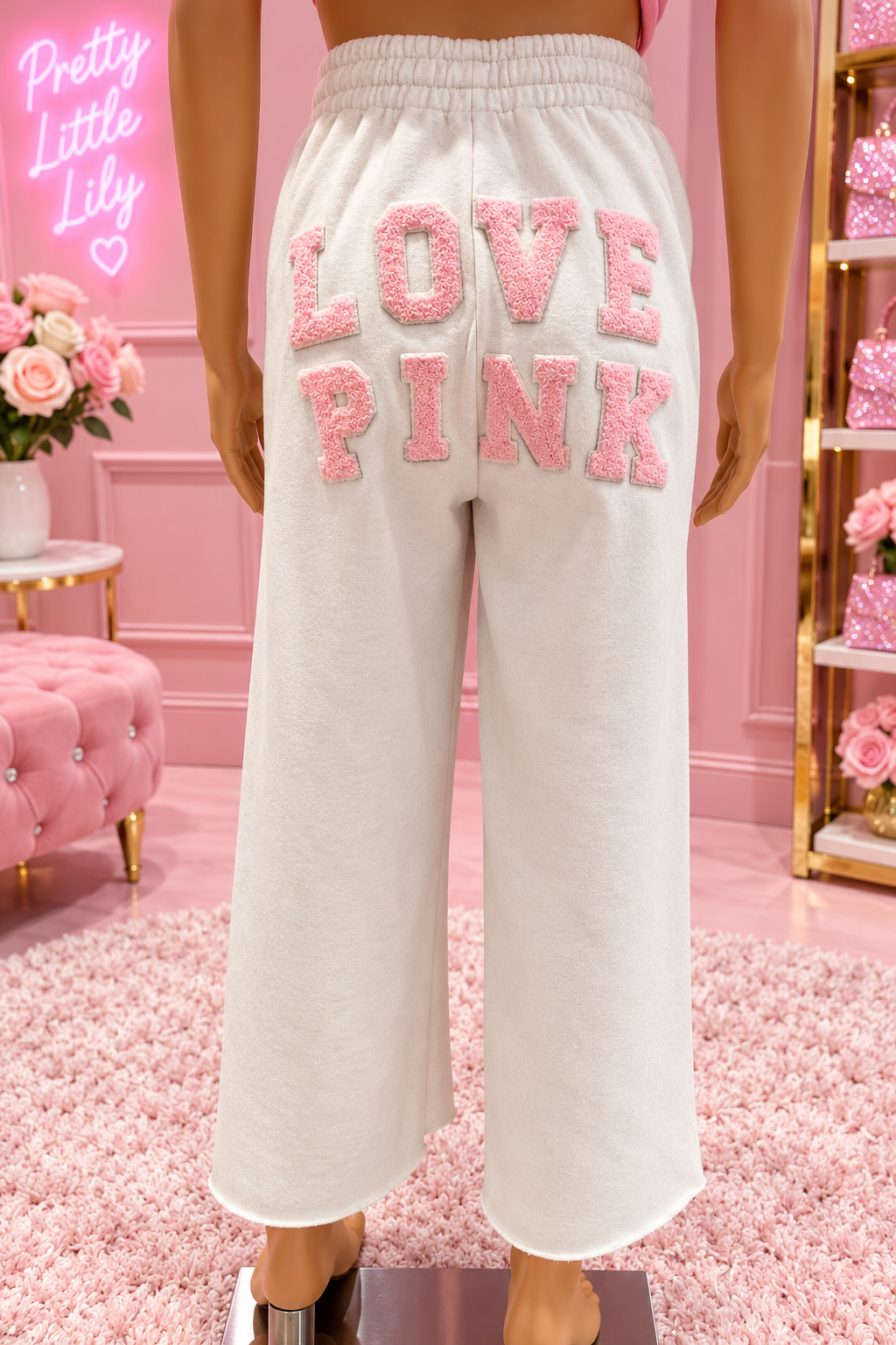 VS PINK Cream Wide Leg Sweatpants XS | Textured Appliqués & Satin Bow