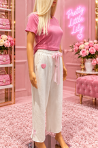 VS PINK Cream Wide Leg Sweatpants XS | Textured Appliqués & Satin Bow